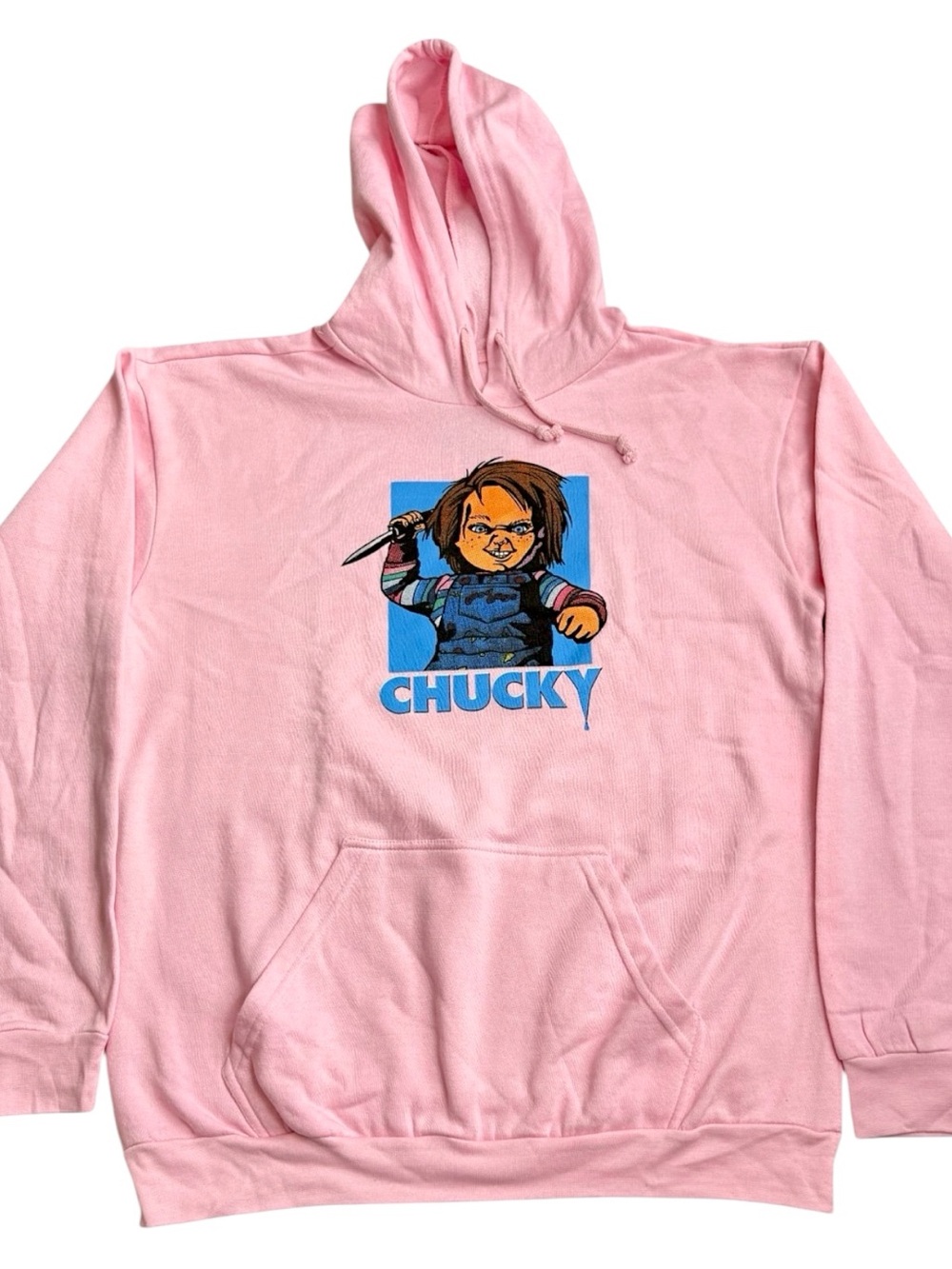 Chucky Graphic Hoodie Mens Large Pink Horror Movie Pullover Fleece Sweatshirt